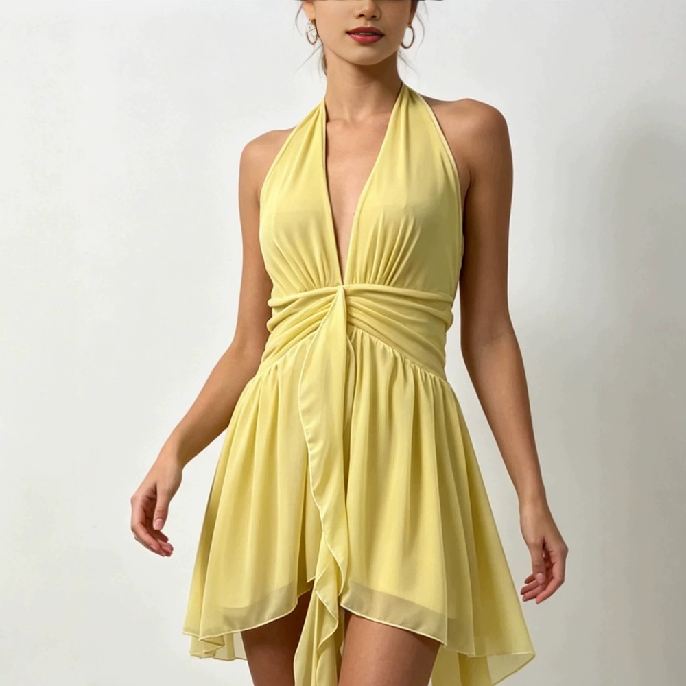 Zara Solid Halter Deep V Chiffon Backless Twist Waist Irregular Short